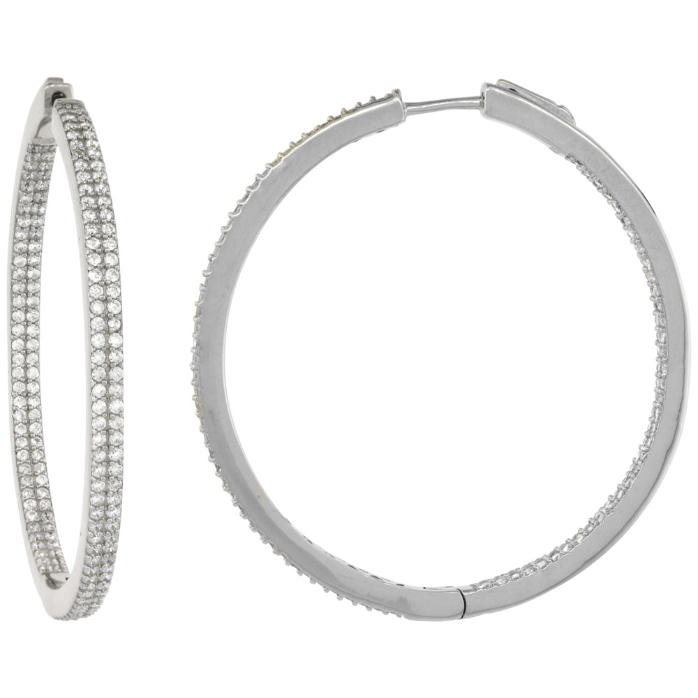 Sterling Silver 2-row Micro Pave CZ Inside-Out Flat Round Hoop Earrings Rhodium Finish, 1 3/4 inch wide