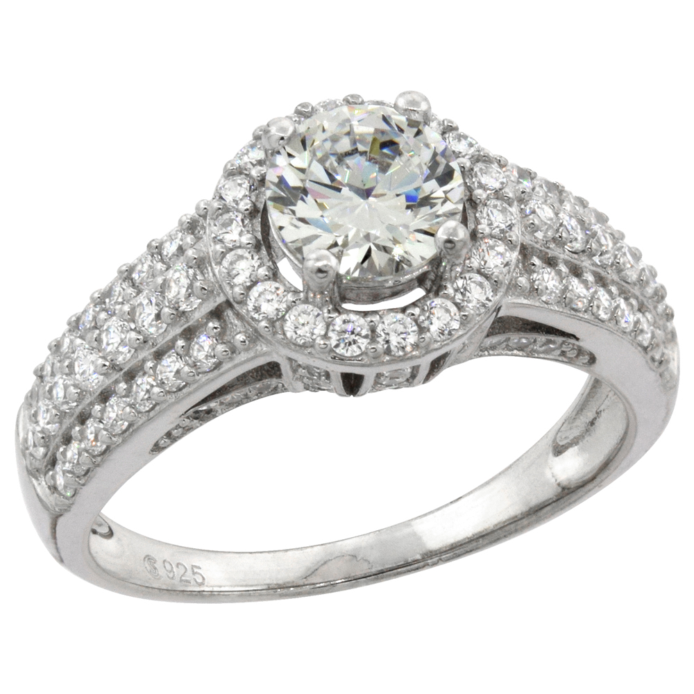 Sterling Silver Micro Pave Cubic Zirconia 6mm (1ct.) Halo Ring, sizes 6 - 10