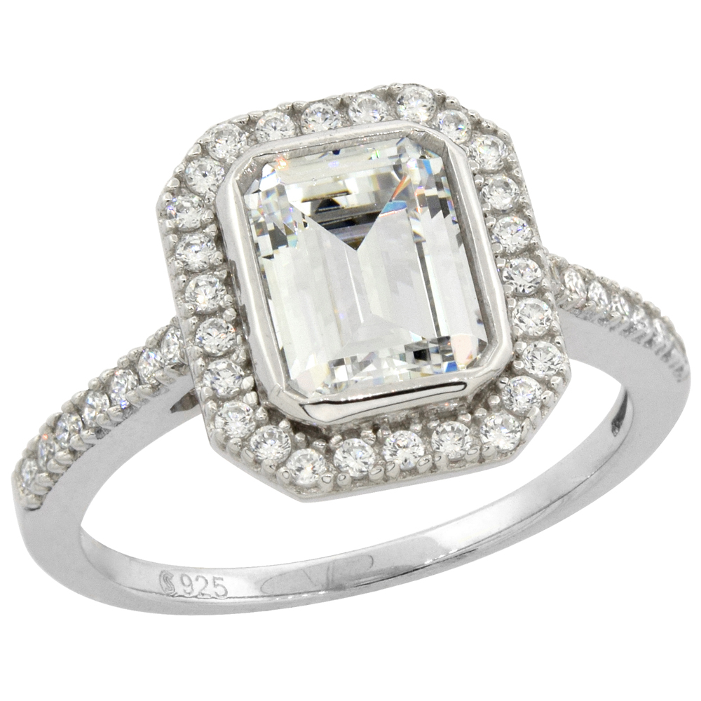 Sterling Silver Micro Pave Cubic Zirconia Halo Ring Cushion-cut 9x7mm, sizes 6 - 10