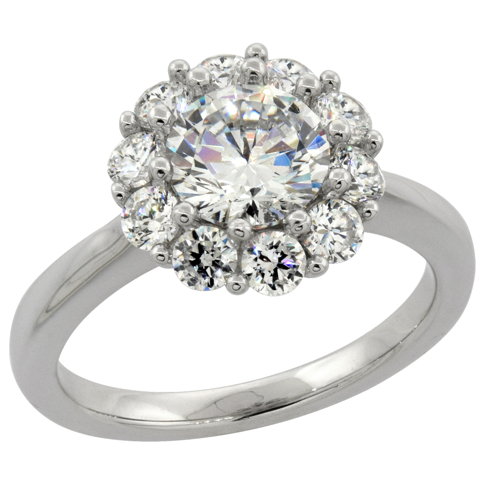 Sterling Silver Cubic Zirconia Floral Halo Solitaire Ring 7/16 inch wide, sizes 6 - 10
