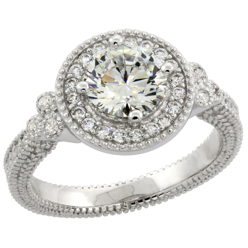 Sterling Silver Micro Pave Cubic Zirconia 1.25ct (7mm) Ring Millgrain-edge, sizes 6 - 9