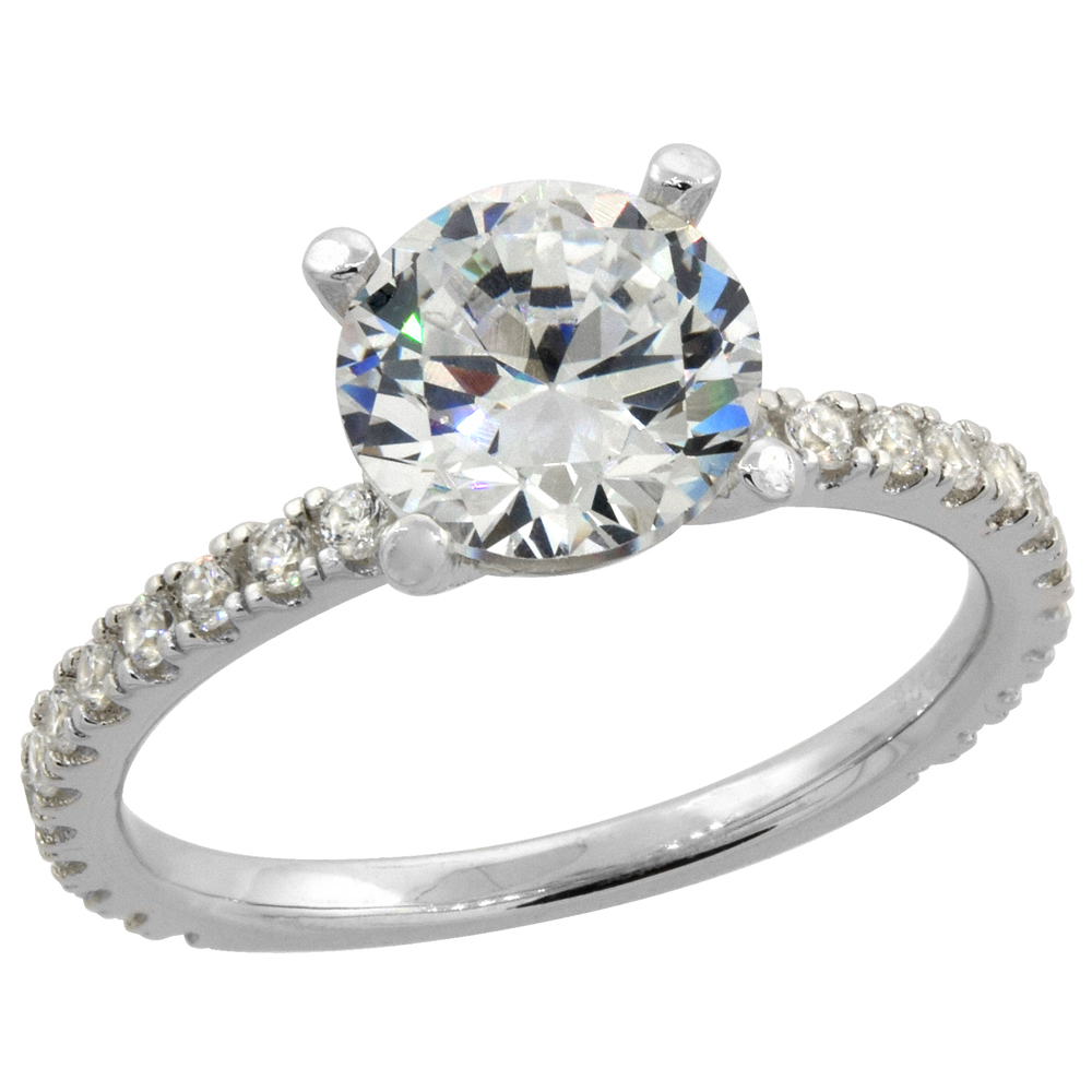 Sterling Silver Micro Pave Cubic Zirconia 2ct. (8mm) Solitaire Ring, size 6-10
