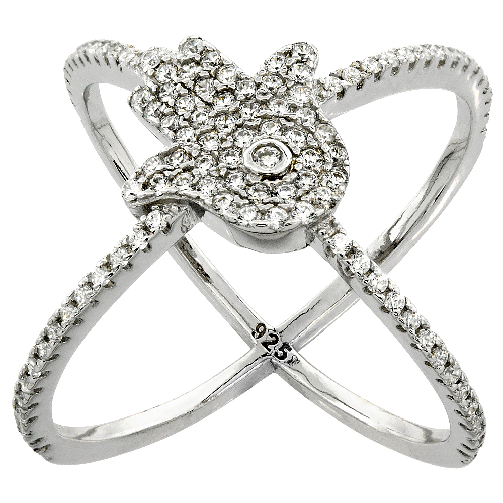 Sterling Silver Cubic Zirconia Criss Cross with Hamsa Ring Micro pave 3/4 inch wide, sizes 6 - 9