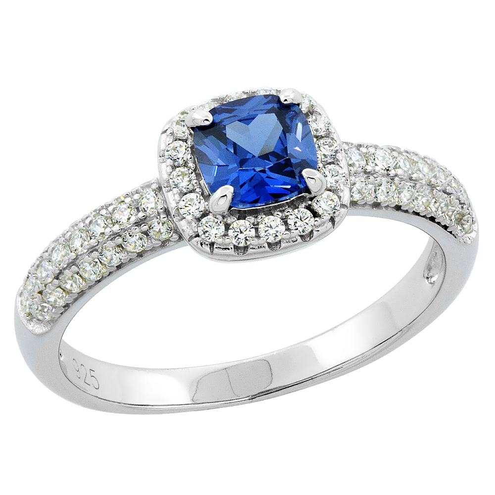 Sterling Silver Cubic Zirconia Blue Ring 5 mm Cushion Micro Pave 19/32 inch wide, sizes 6 - 9