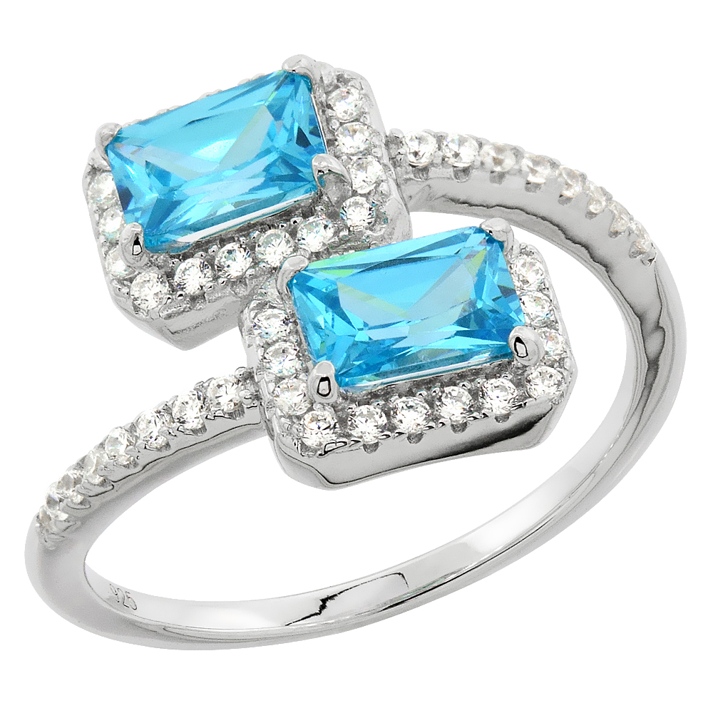 Sterling Silver Cubic Zirconia Blue Halo Ring 6 mm Round Micro Pave 1/2 inch wide, sizes 6 - 9