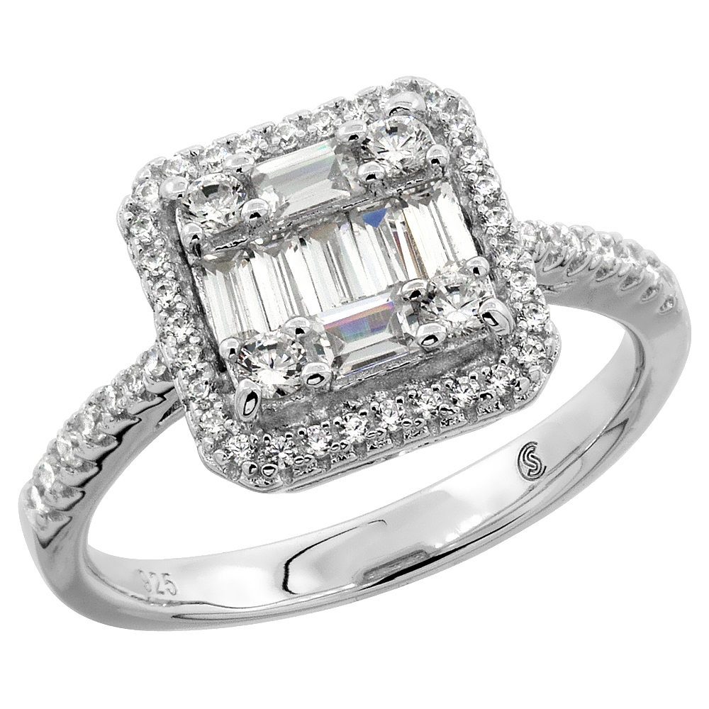 Sterling Silver Baguette Cubic Zirconia Square Ring Micro pave 7/16 inch wide, sizes 6 - 9