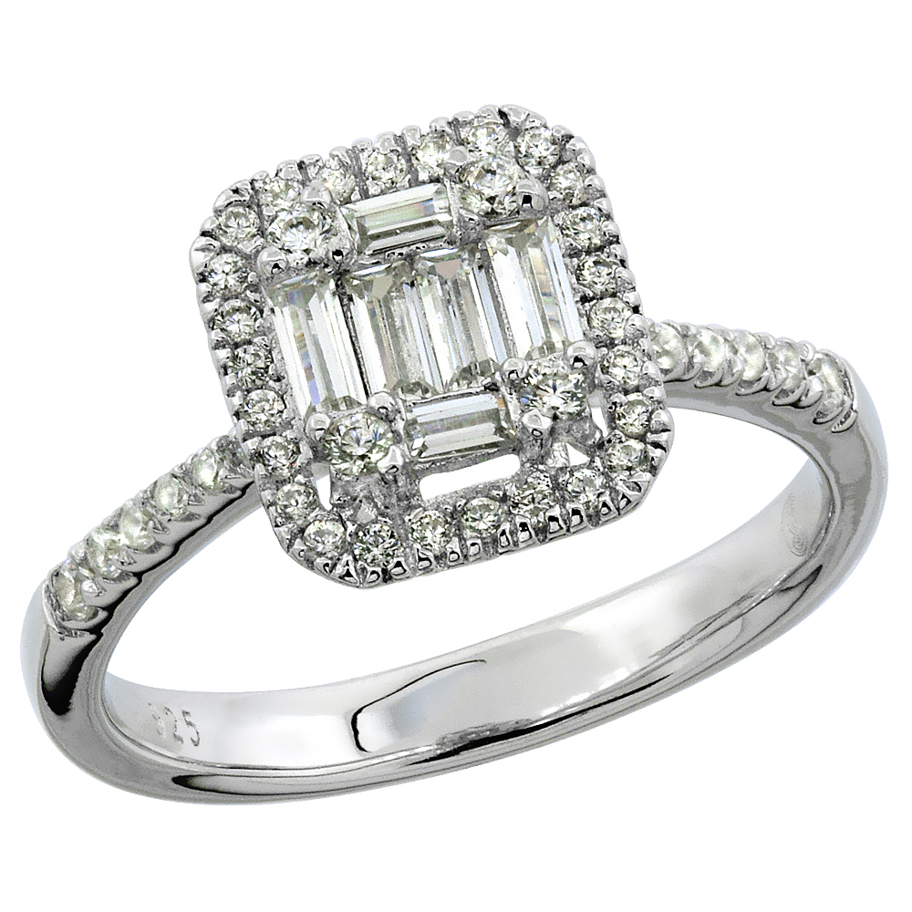 Sterling Silver Baguette Cubic Zirconia Square Ring Micro pave 3/8 inch wide, sizes 6 - 9
