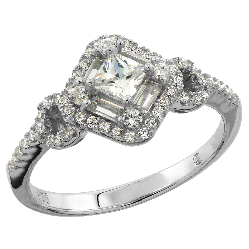 Sterling Silver Baguette Cubic Zirconia Rhombic Shape Ring Micro pave 3/8 inch wide, sizes 6 - 9