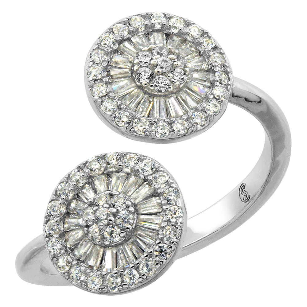 Sterling Silver Baguette Cubic Zirconia Open Spoked Wheel Ring Micro pave 11/16 inch wide, sizes 6 - 9