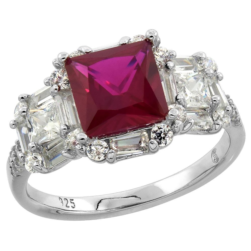 Sterling Silver Baguette Cubic Zirconia Red Ring Micro pave 1/4 inch wide, sizes 6 - 9
