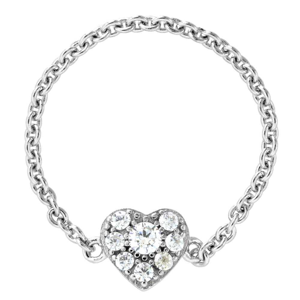 Sterling Silver Micro pave CZ Heart Ring for Women and Girls Cable Chain Shank Rhodium Finish 1/4 inch size 6-9