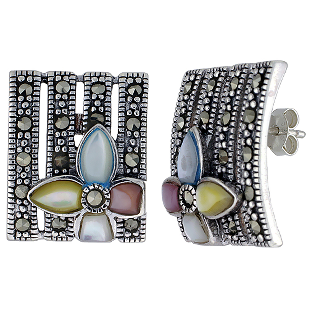 Sterling Silver Marcasite and Natural Shell Flower on Trellis Earrings, 11/16 inch wide