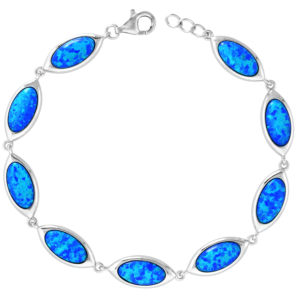 Sterling Silver Synthetic Opal Long Oval Link Bracelet for Women lobster lock 7.5-8 inch