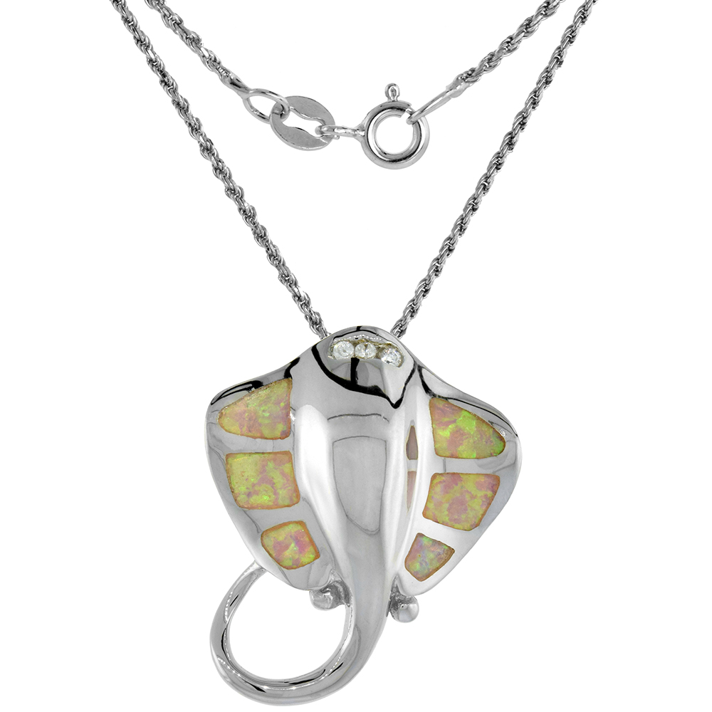 Sterling Silver Synthetic Pink Opal Stingray Necklace Cubic Zirconia Accent 1 1/8 inch Rope Chain