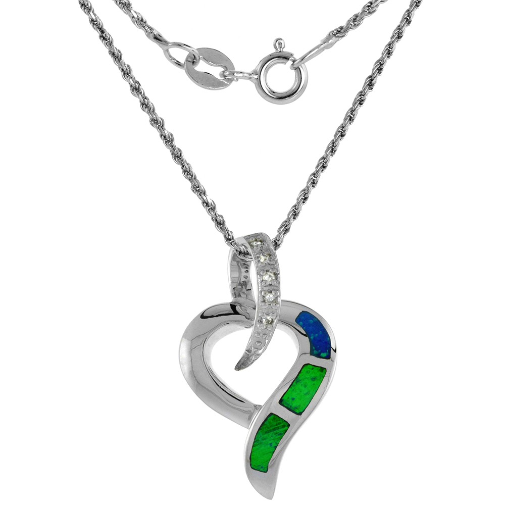 Sterling Silver Synthetic Pink Opal Open Heart Necklace Cubic Zirconia Accent 1 inch Rope Chain
