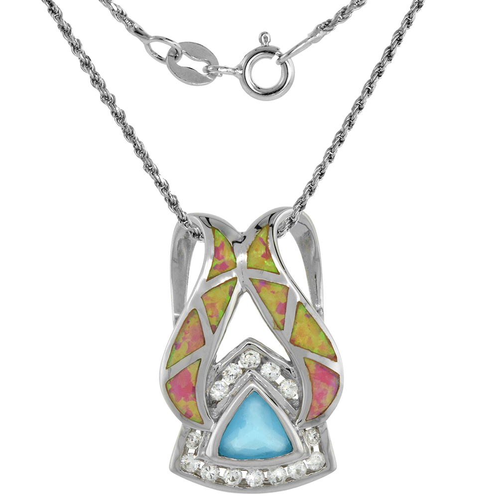 Sterling Silver Synthetic Pink Opal Blue Topaz CZ Necklace 8 mm Trillion cut 1 1/8 inch ROPH_25