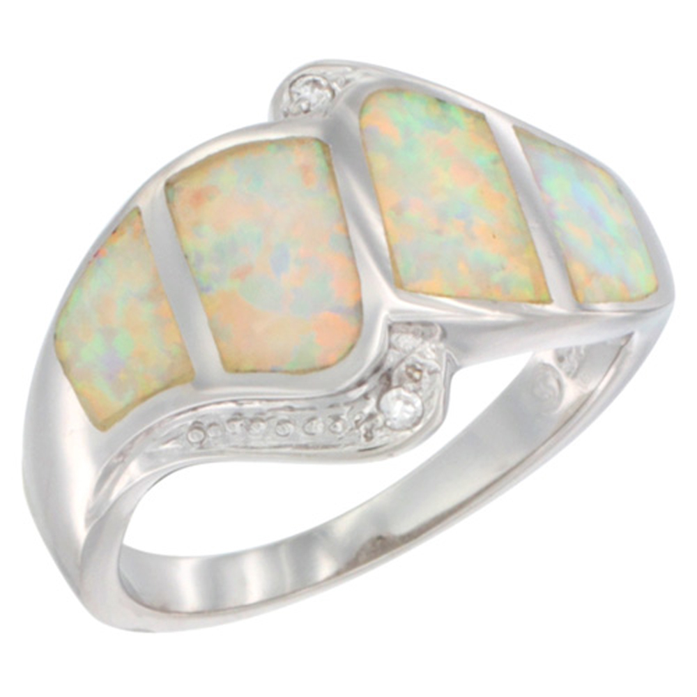 Sterling Silver Synthetic White Blue Opal Ring Cubic Zirconia Stone Accent 9/16 inch, sizes 6 - 9