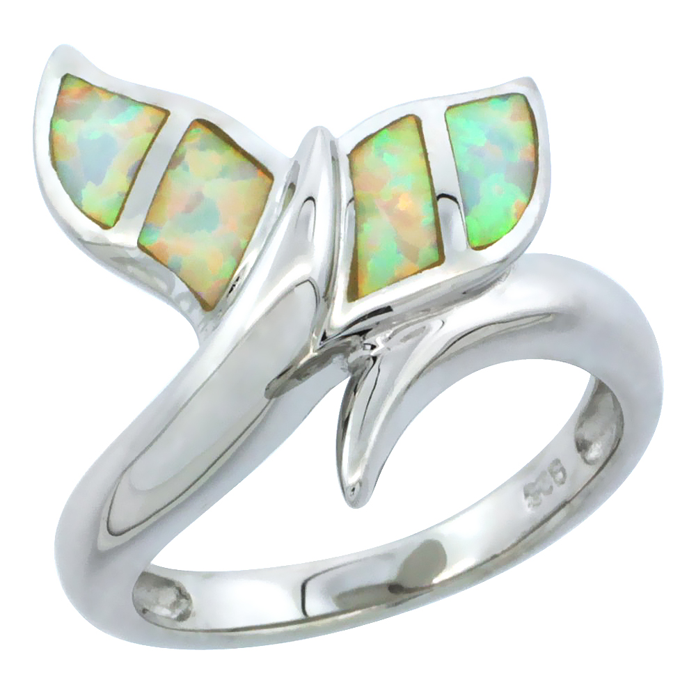 Sterling Silver White Synthetic Opal Whale Tail Ring for Women 3/4 inch size 6-9
