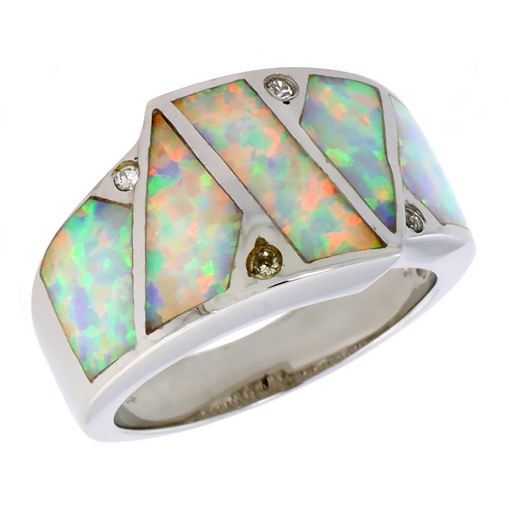Sterling Silver White Synthetic Opal Cigar Band Ring Parallelogram Inlay CZ Accent 1/2 inch size 6-9