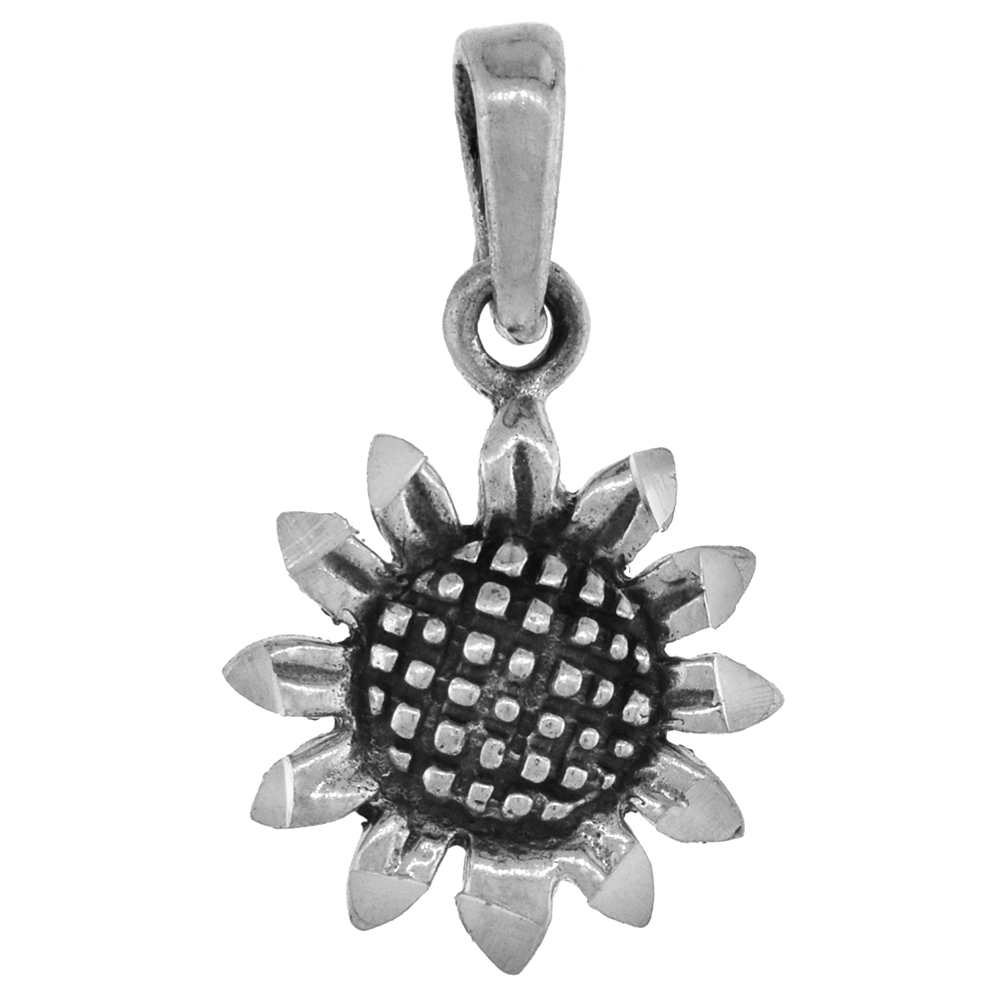 Small 3/4 inch Sterling Silver Sunflower Necklace for Women for Women Diamond-Cut Oxidized finish available with or without chai