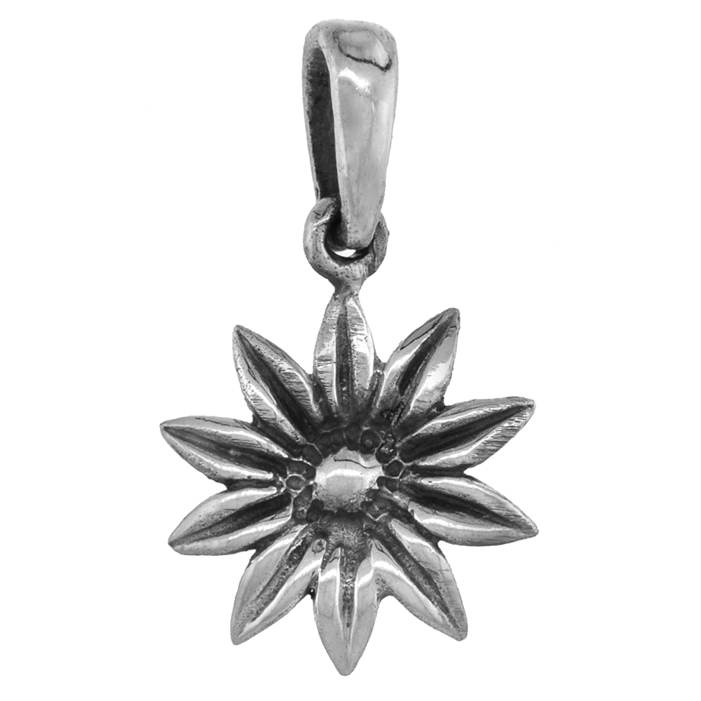 Tiny 5/8 inch Sterling Silver Daisy Flower Necklace for Women for Women Diamond-Cut Oxidized finish available with or without ch