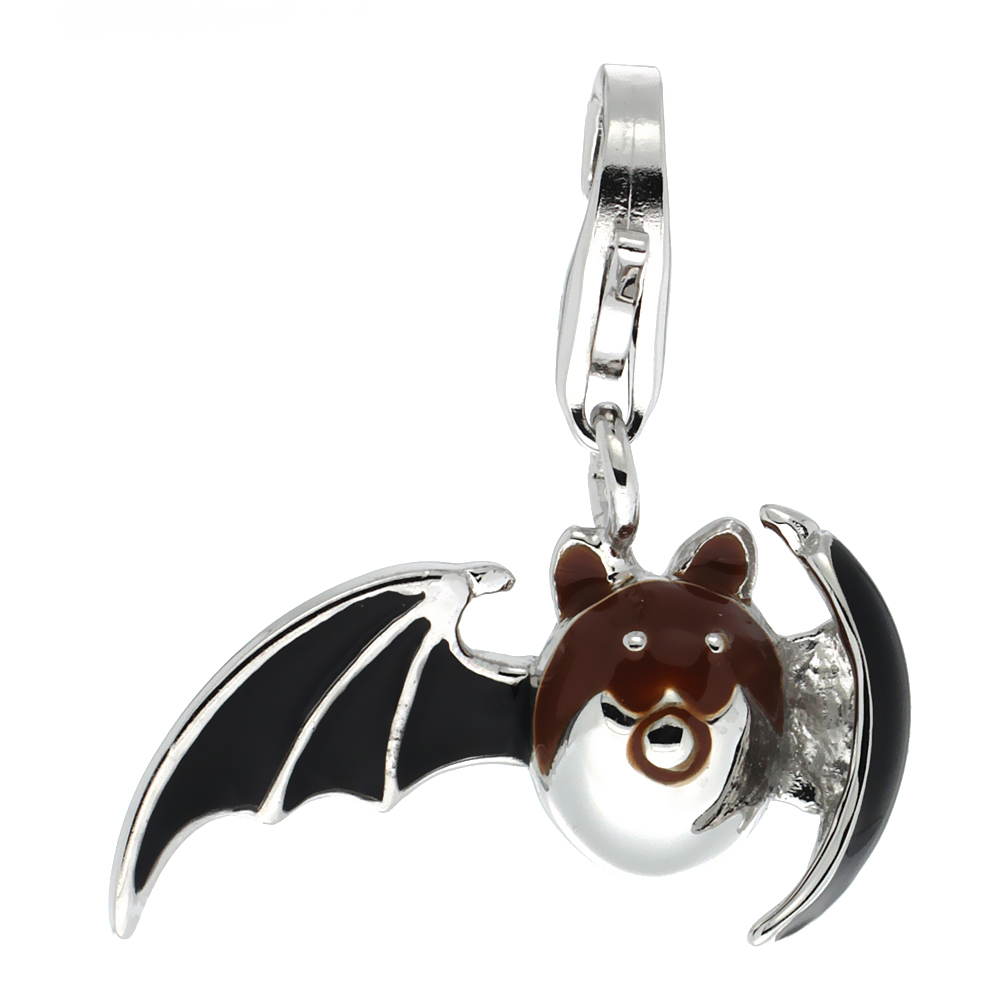 Sterling Silver Enamel Black & Brown Bat Charm with Lobster Clasp for Bracelets Women 13/16 inch