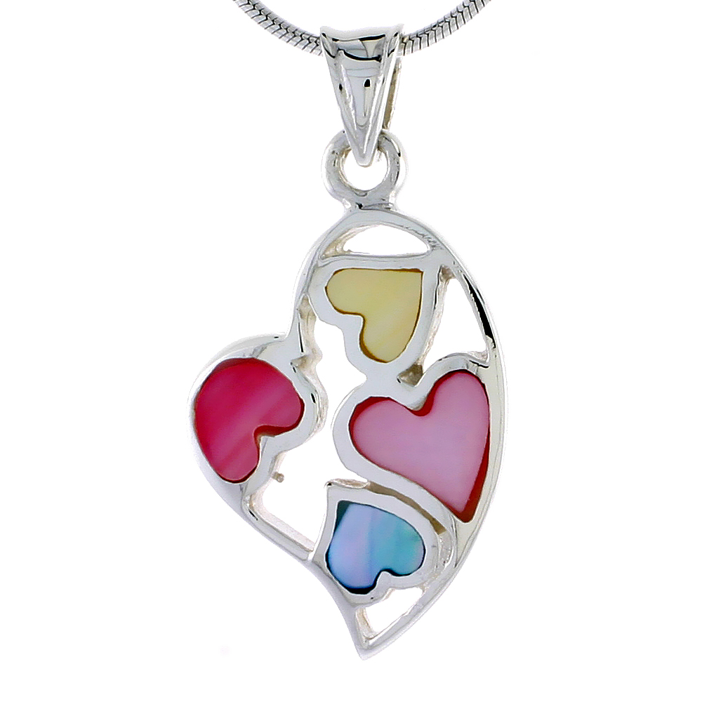 Sterling Silver Heart Pink, Blue & Light Yellow Mother of Pearl Inlay Pendant, 1" (25 mm) tall 