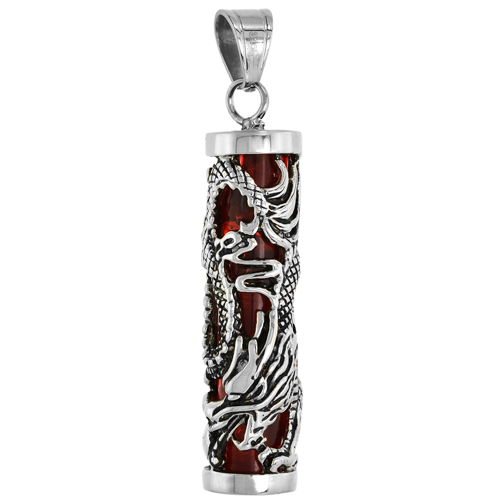 Stainless Steel Chinese Dragon Pendant for Men Takrut Mangorn Paya Nakarach Red Glass 2 inch