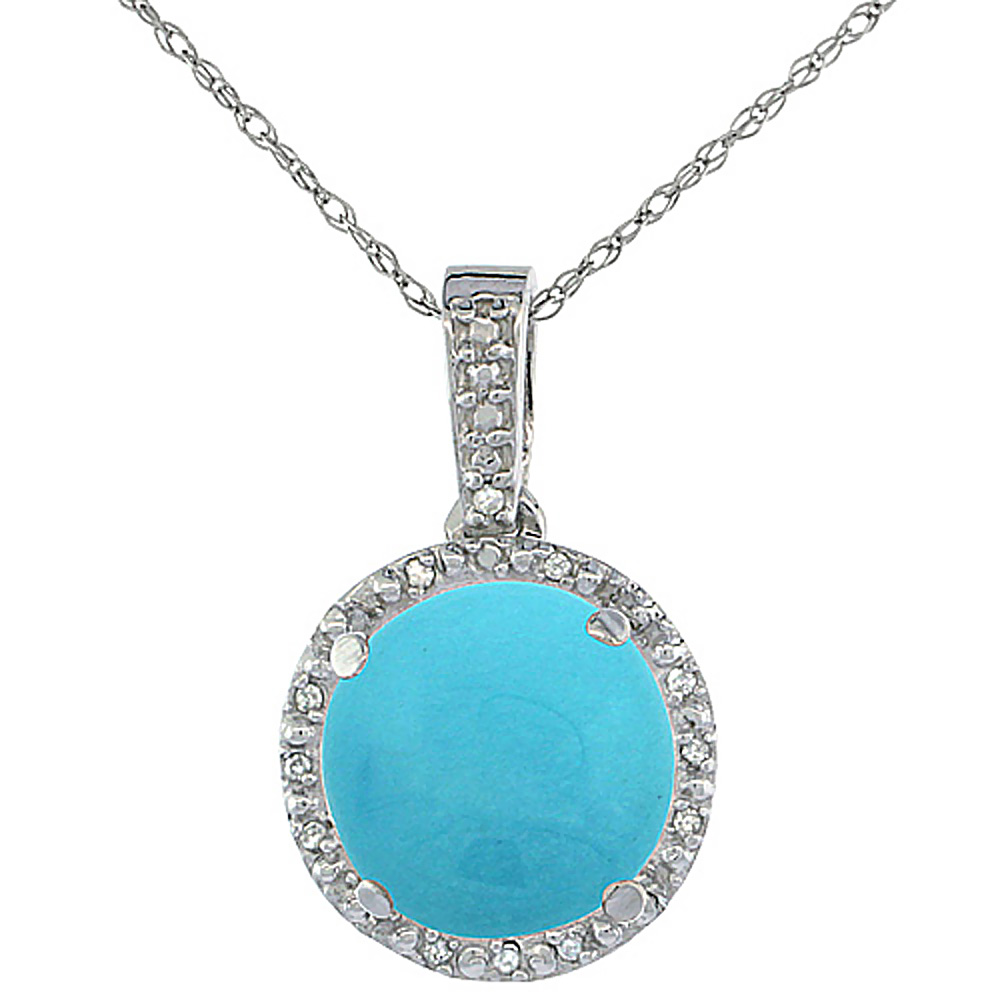 10K White Gold 0.03 cttw Diamond Natural Turquoise Pendant Round 11x11 mm