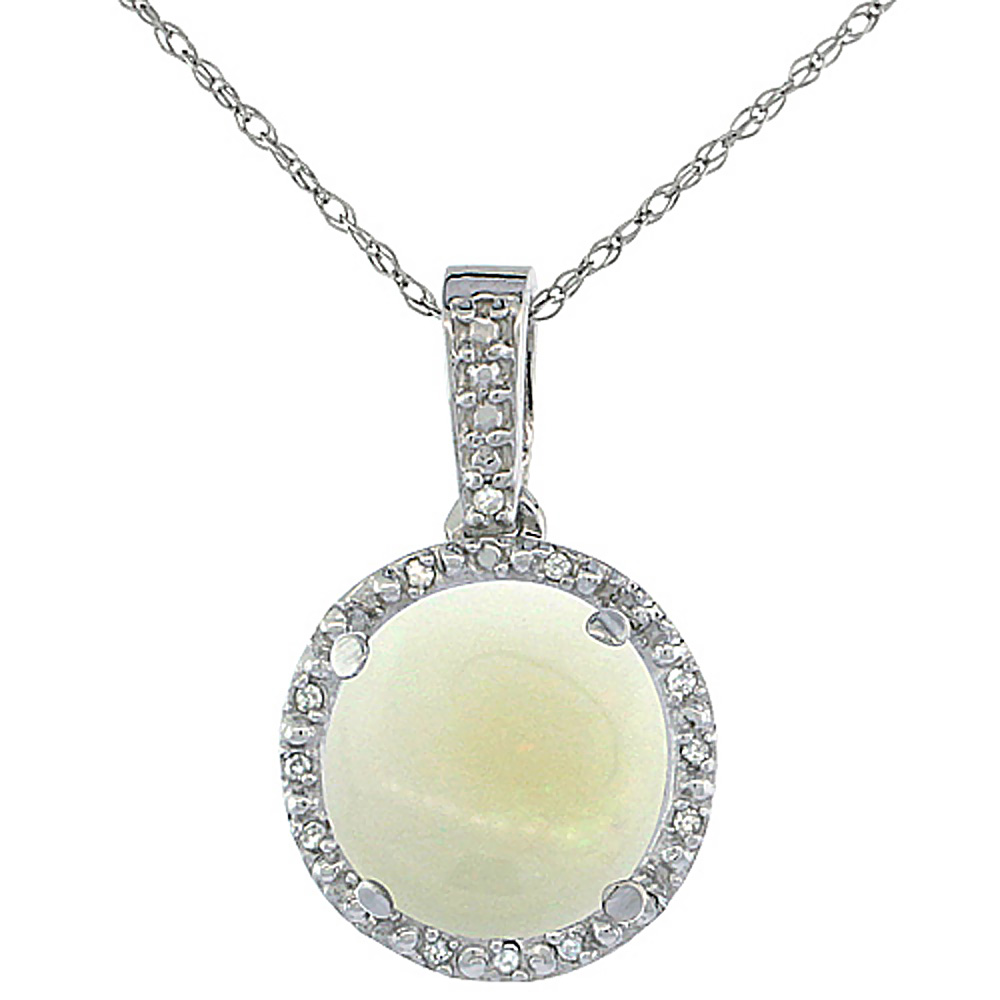 10K White Gold 0.03 cttw Diamond Natural Opal Pendant Round 11x11 mm