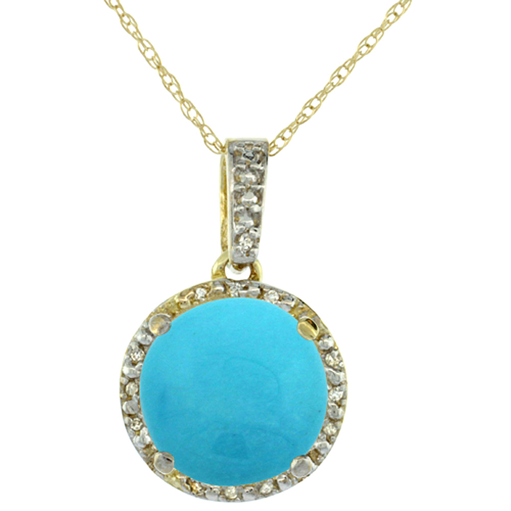 10K Yellow Gold 0.03 cttw Diamond Natural Turquoise Pendant Round 11x11 mm