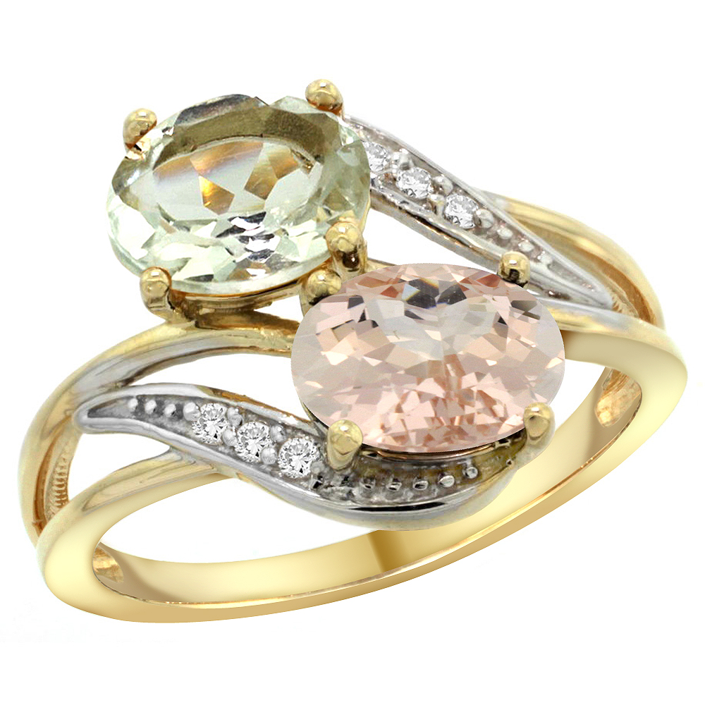 10K Yellow Gold Diamond Natural Green Amethyst & Morganite 2-stone Ring Oval 8x6mm, sizes 5 - 10
