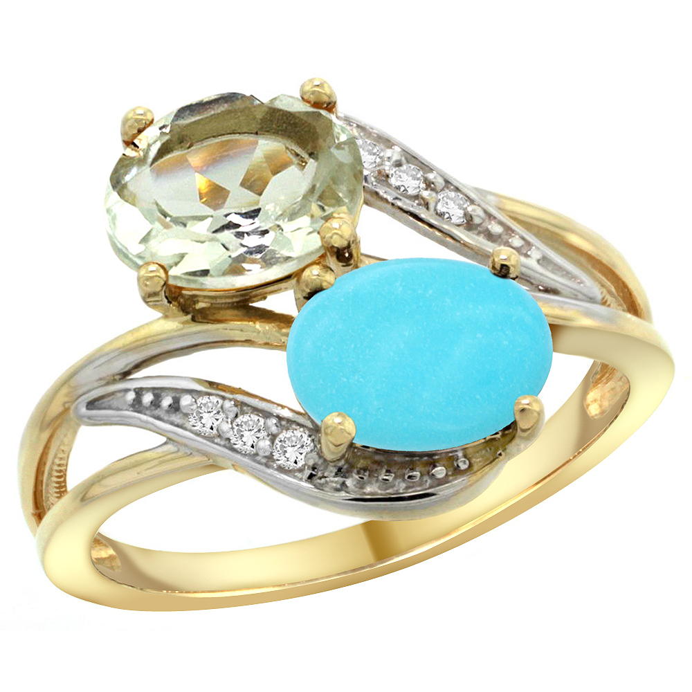10K Yellow Gold Diamond Natural Green Amethyst & Turquoise 2-stone Ring Oval 8x6mm, sizes 5 - 10