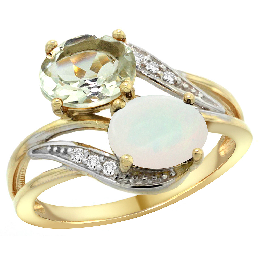10K Yellow Gold Diamond Natural Green Amethyst & Opal 2-stone Ring Oval 8x6mm, sizes 5 - 10
