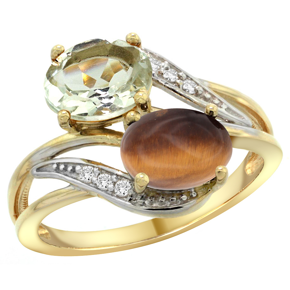 10K Yellow Gold Diamond Natural Green Amethyst & Tiger Eye 2-stone Ring Oval 8x6mm, sizes 5 - 10