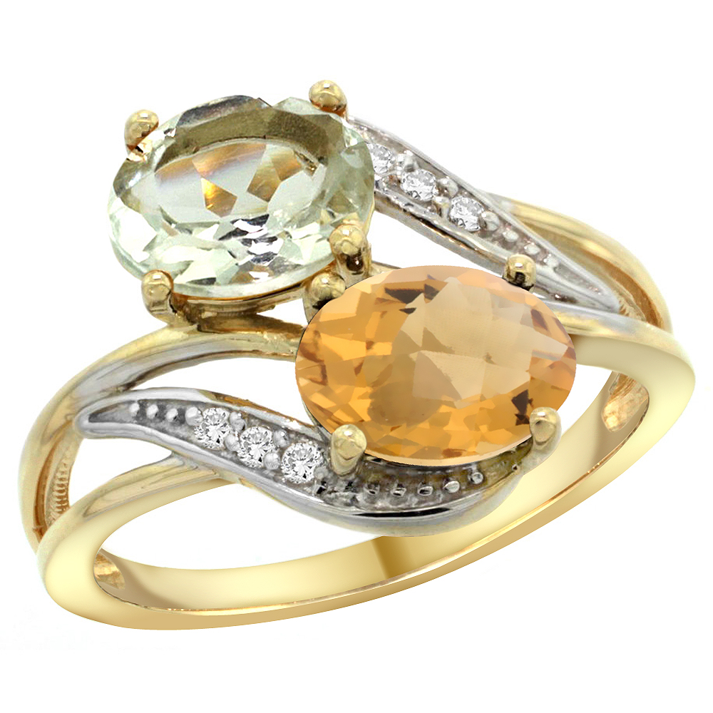 10K Yellow Gold Diamond Natural Green Amethyst & Whisky Quartz 2-stone Ring Oval 8x6mm, sizes 5 - 10