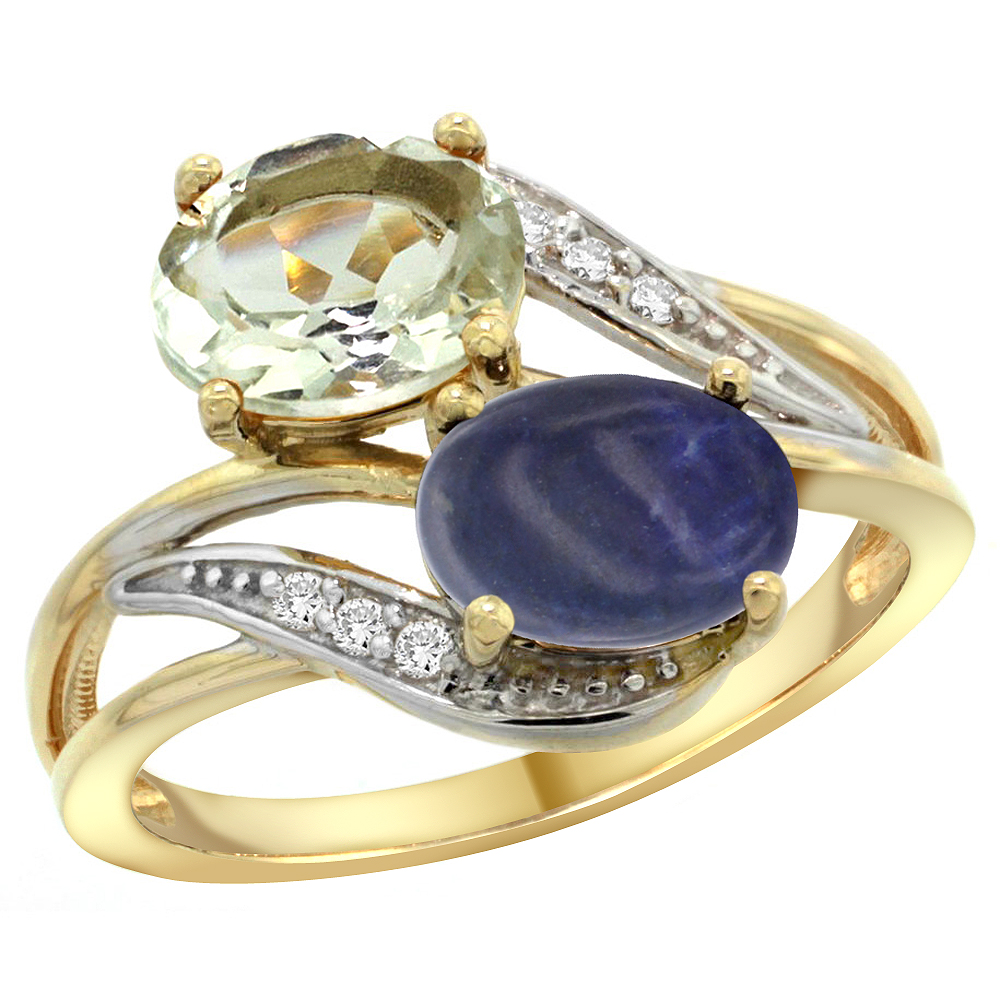 10K Yellow Gold Diamond Natural Green Amethyst & Lapis 2-stone Ring Oval 8x6mm, sizes 5 - 10