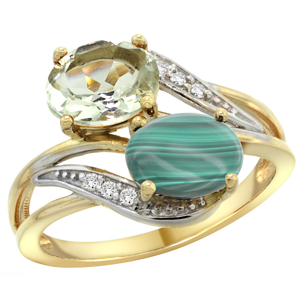 10K Yellow Gold Diamond Natural Green Amethyst & Malachite 2-stone Ring Oval 8x6mm, sizes 5 - 10