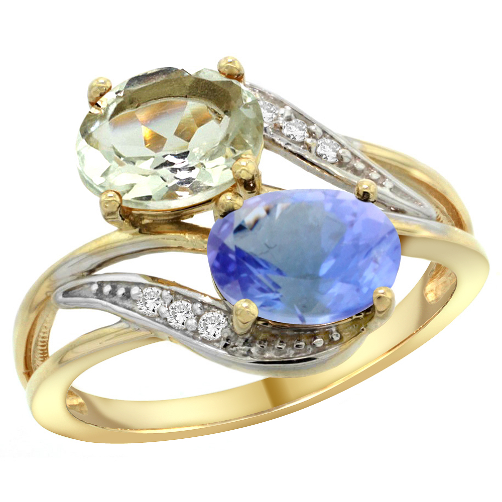 10K Yellow Gold Diamond Natural Green Amethyst & Tanzanite 2-stone Ring Oval 8x6mm, sizes 5 - 10