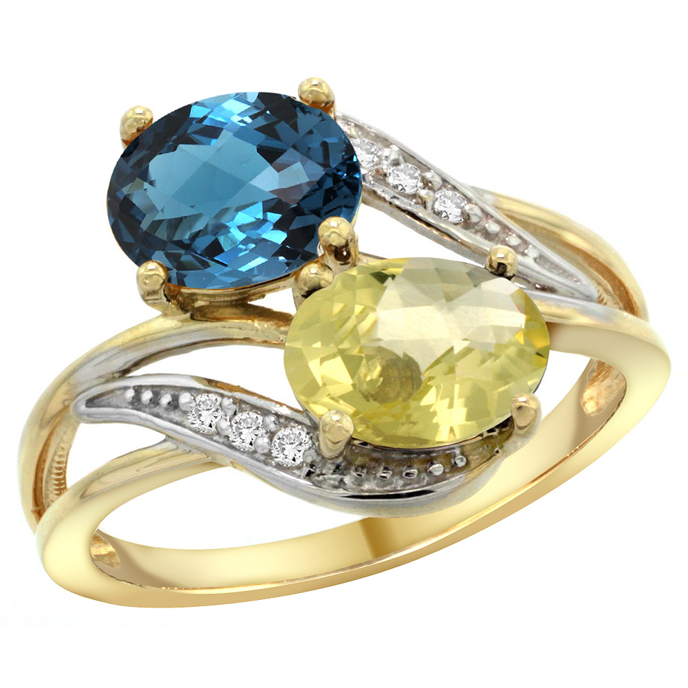 10K Yellow Gold Diamond Natural London Blue Topaz & Lemon Quartz 2-stone Ring Oval 8x6mm, sizes 5 - 10