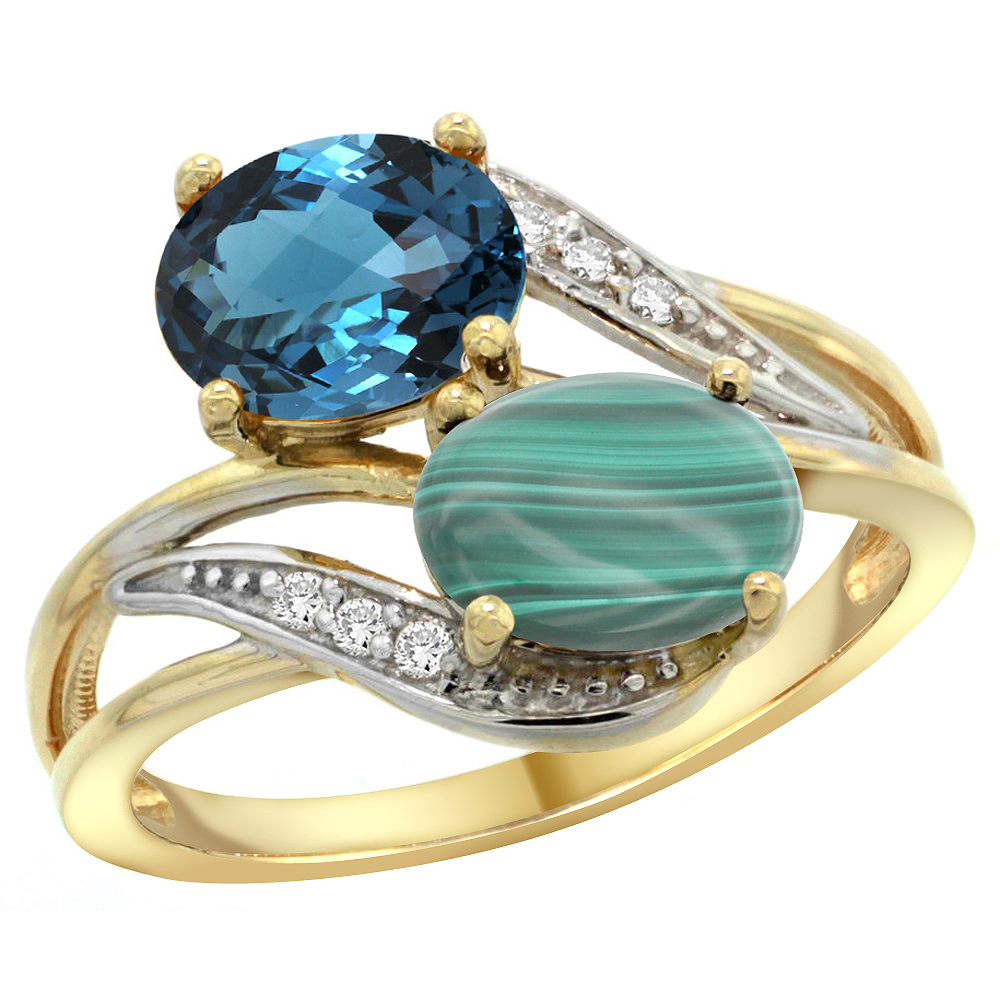 10K Yellow Gold Diamond Natural London Blue Topaz & Malachite 2-stone Ring Oval 8x6mm, sizes 5 - 10