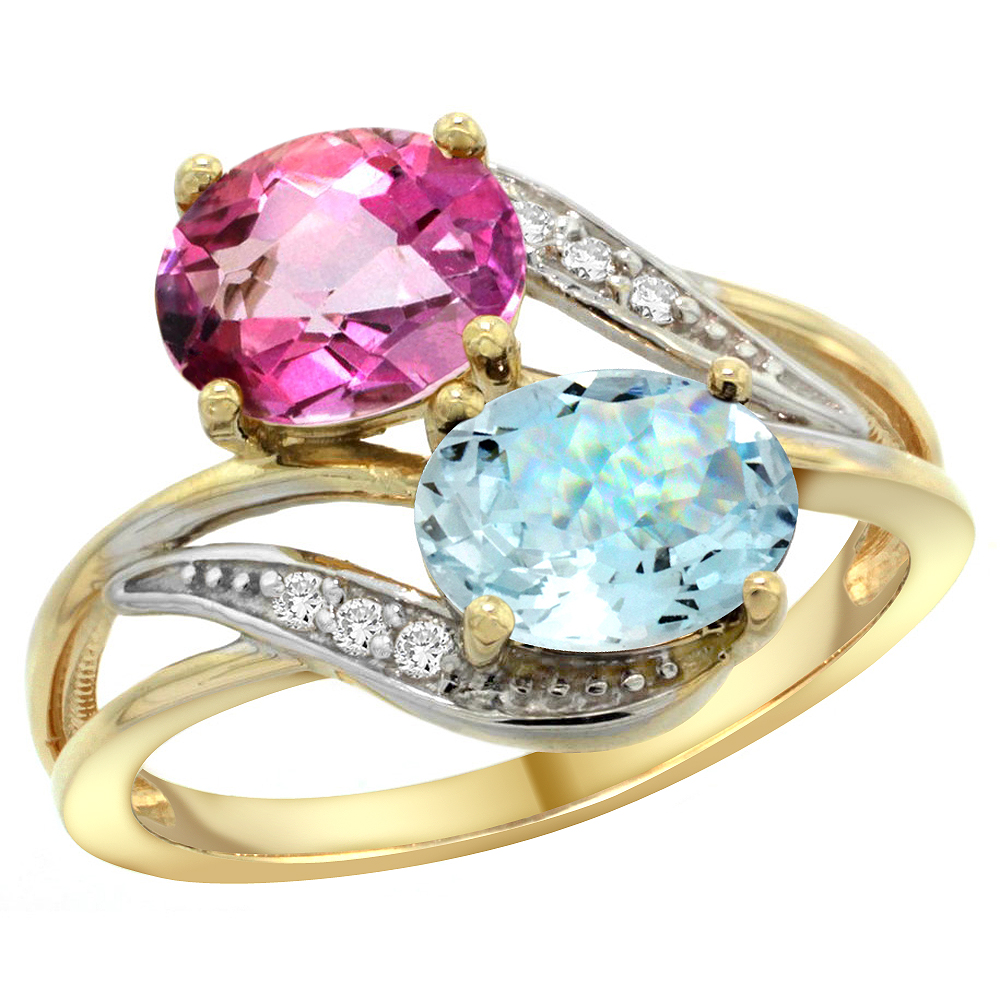 10K Yellow Gold Diamond Natural Pink Topaz & Aquamarine 2-stone Ring Oval 8x6mm, sizes 5 - 10