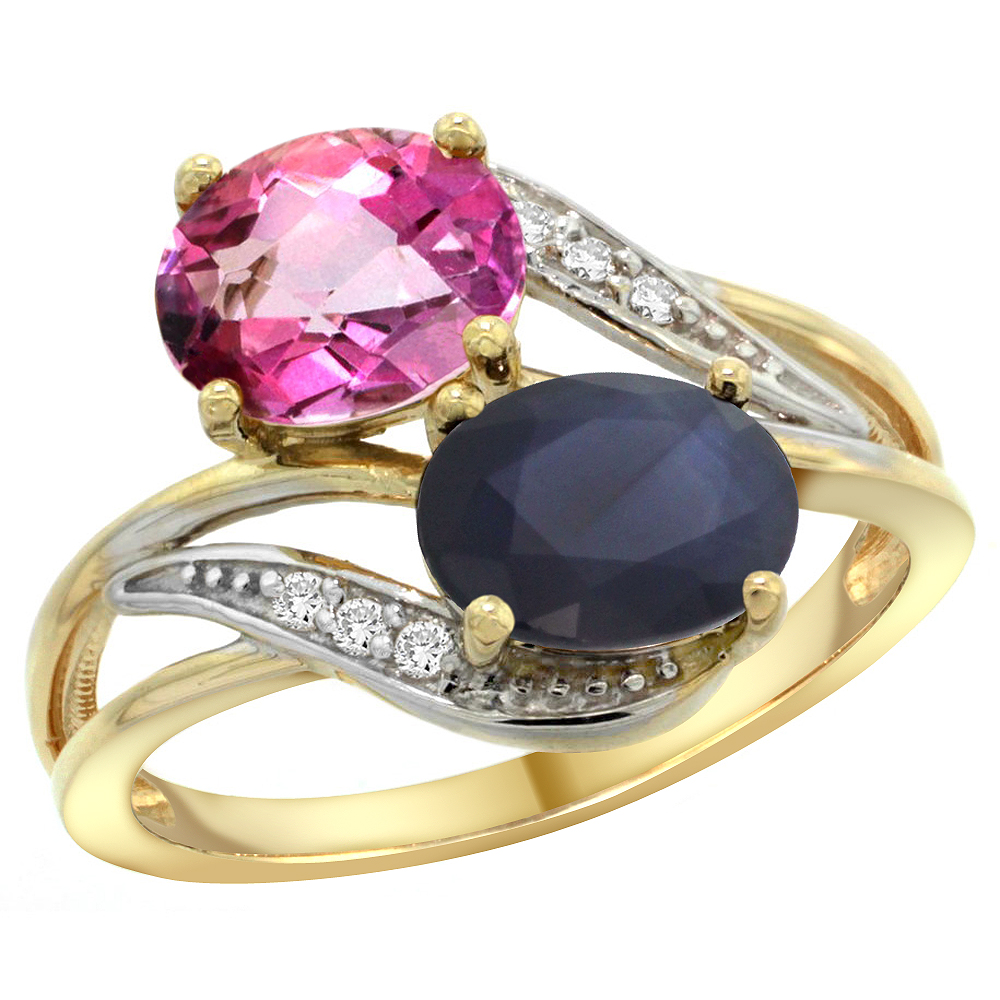 10K Yellow Gold Diamond Natural Pink Topaz & Blue Sapphire 2-stone Ring Oval 8x6mm, sizes 5 - 10