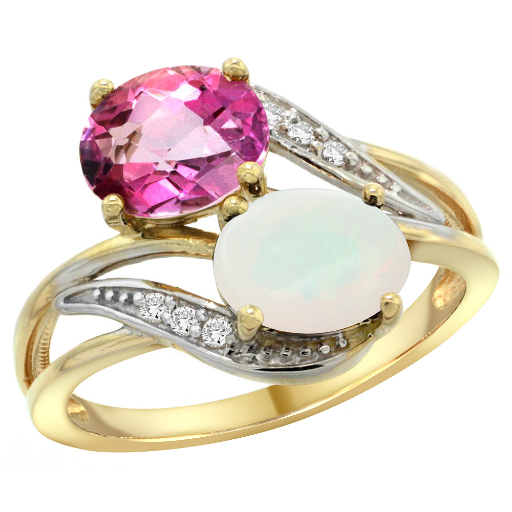 10K Yellow Gold Diamond Natural Pink Topaz & Opal 2-stone Ring Oval 8x6mm, sizes 5 - 10