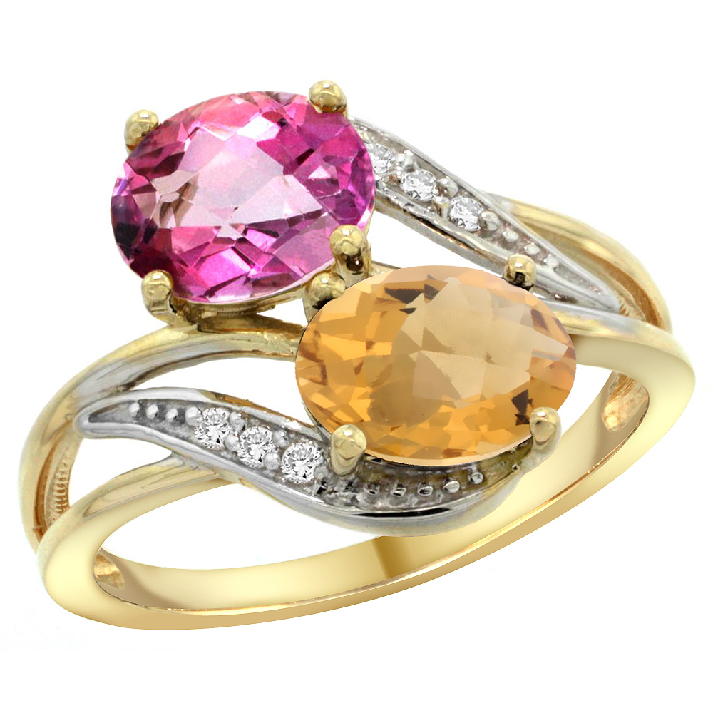 10K Yellow Gold Diamond Natural Pink Topaz & Whisky Quartz 2-stone Ring Oval 8x6mm, sizes 5 - 10