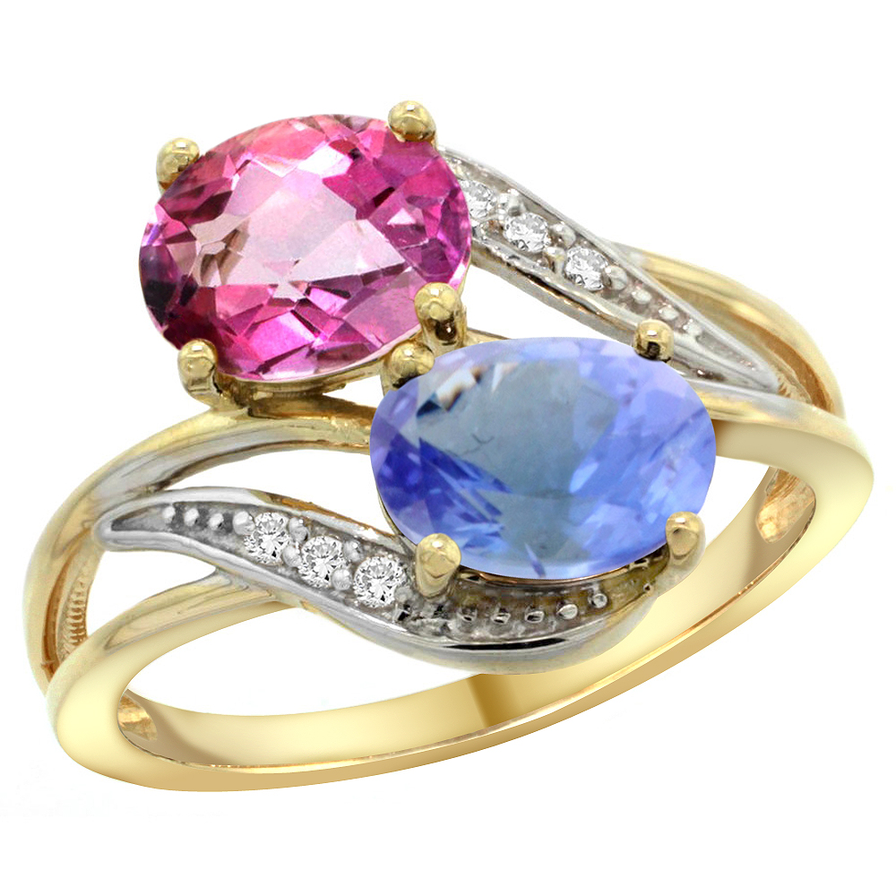 10K Yellow Gold Diamond Natural Pink Topaz & Tanzanite 2-stone Ring Oval 8x6mm, sizes 5 - 10