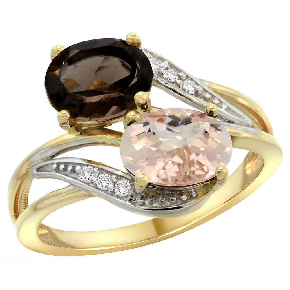10K Yellow Gold Diamond Natural Smoky Topaz & Morganite 2-stone Ring Oval 8x6mm, sizes 5 - 10
