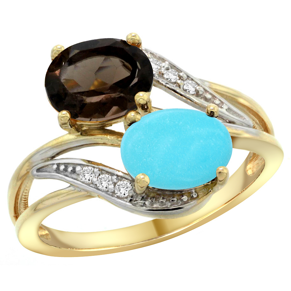 10K Yellow Gold Diamond Natural Smoky Topaz & Turquoise 2-stone Ring Oval 8x6mm, sizes 5 - 10