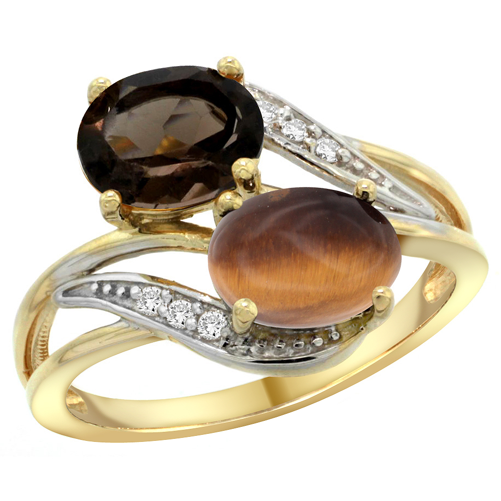 10K Yellow Gold Diamond Natural Smoky Topaz & Tiger Eye 2-stone Ring Oval 8x6mm, sizes 5 - 10