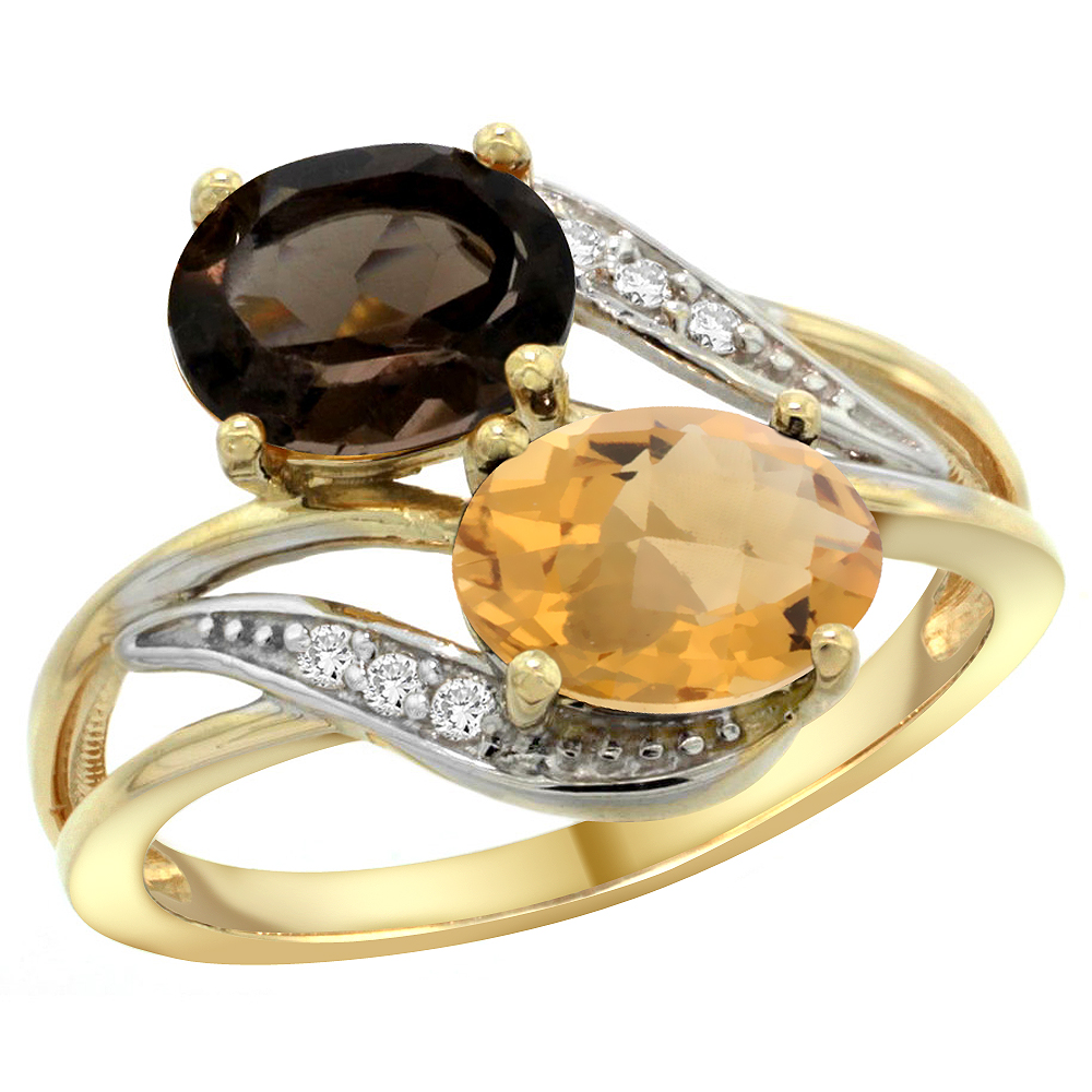 10K Yellow Gold Diamond Natural Smoky Topaz & Whisky Quartz 2-stone Ring Oval 8x6mm, sizes 5 - 10